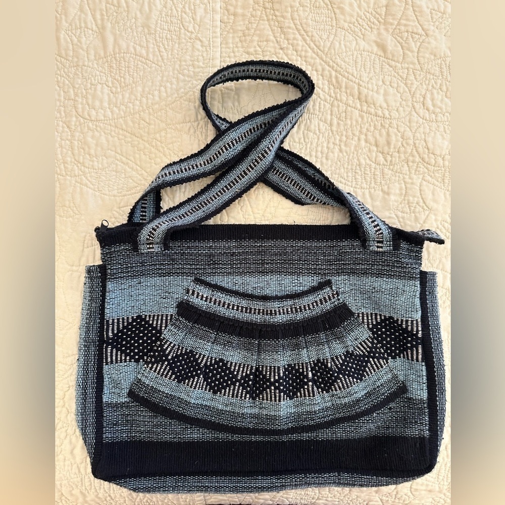 Black & Blue Woven Boho Tote Bag | Striped Market Shoulder Bag w/ Zipper